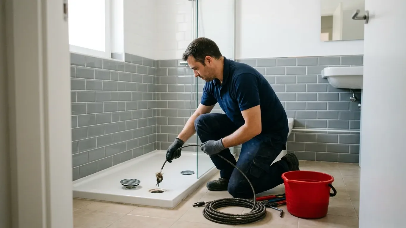 Técnico desatascando el desagüe de una ducha